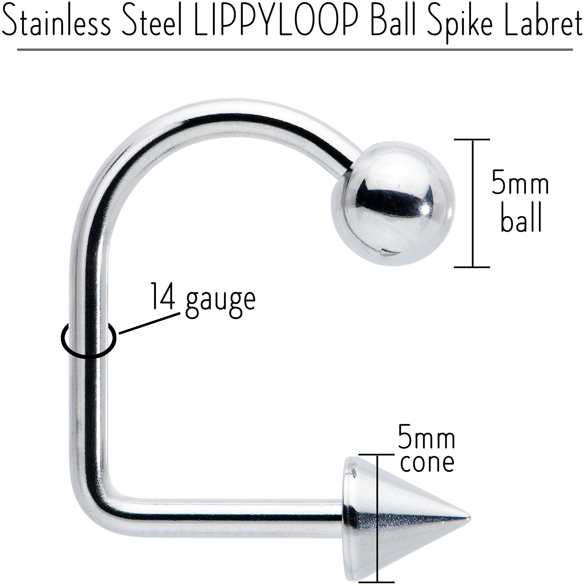 Labret con púa esférica LIPPYLOOP de acero inoxidable 14G