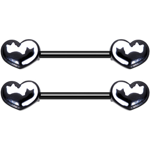 14G 9/16 Black White Silhouette Cat Lover Barbell Nipple Ring Set
