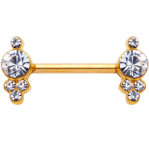 14G 9/16 Clear Gem Gold Tone Circles Barbell Nipple Ring Set