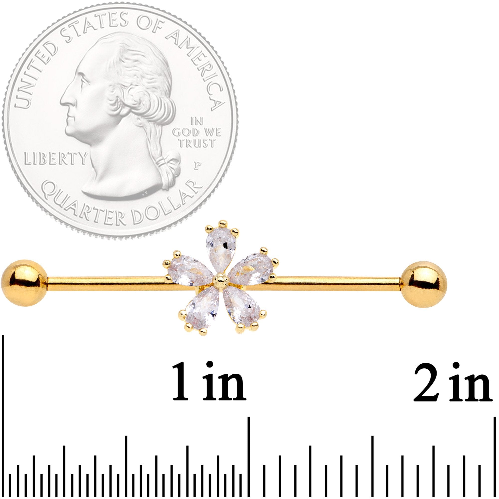 14G Clear CZ Gem Gold Tone Perfect Petals Flower Industrial Barbell 38mm