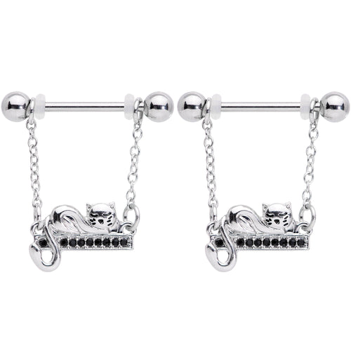 14G 5/8 Black Gem Nap Cat Dangle Nipple Ring Set