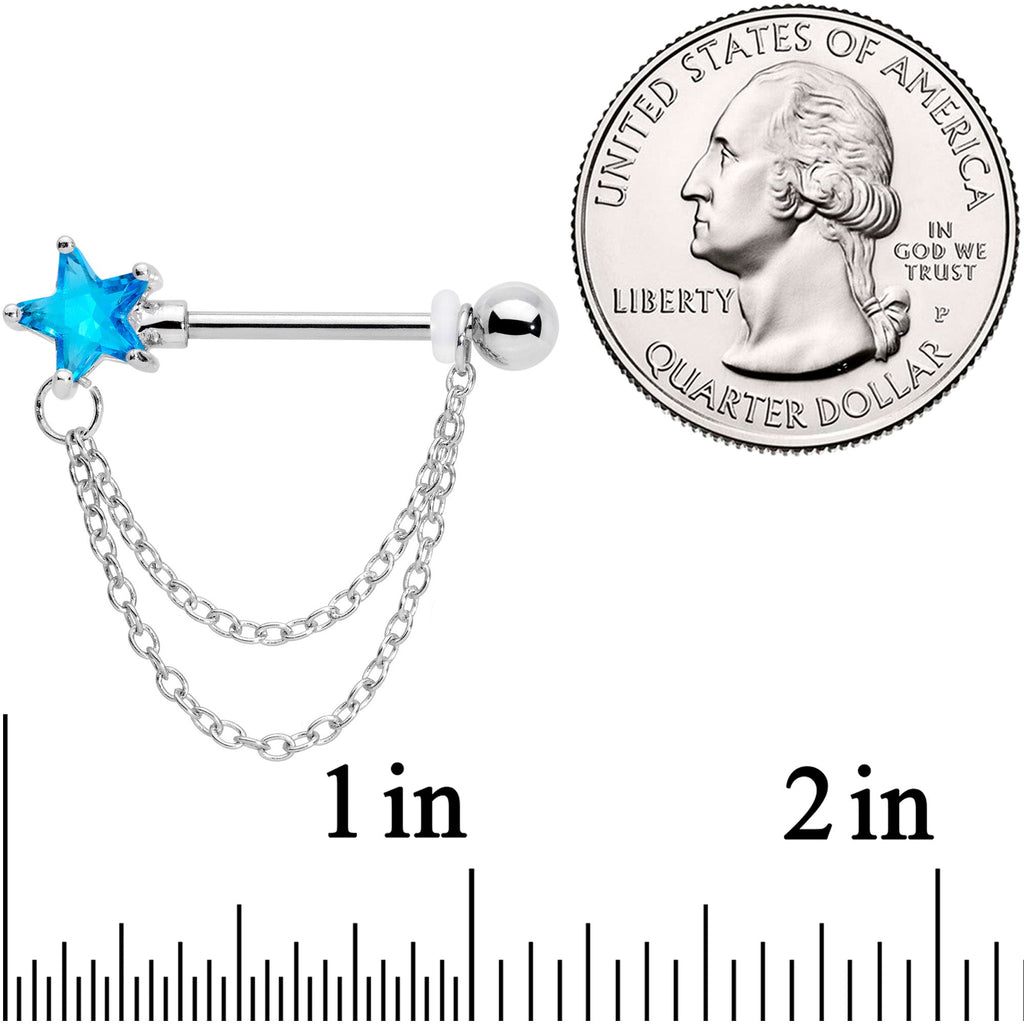 14G 5/8 Aqua CZ Star Gem Chain Dangle Nipple Ring Set