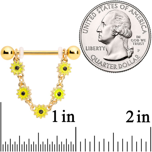 14G 3/4 Gold Tone Yellow Sunflower Dangle Nipple Ring Set