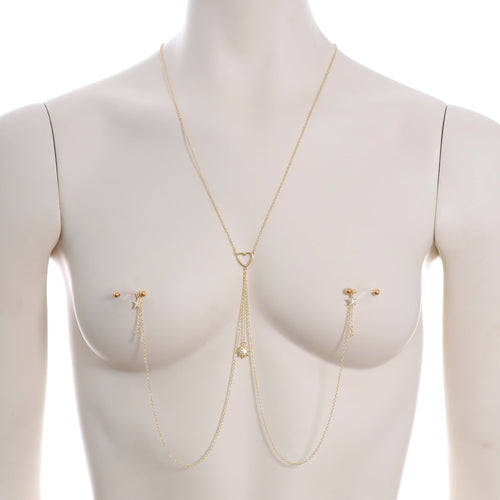 14G 5/8 Clear Gem Gold Tone Sun Heart Star Nipple Chain Necklace