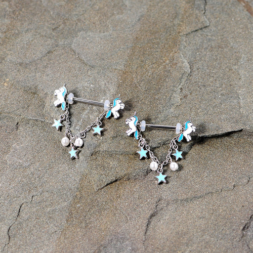 14G 5/8 Blue White Unicorn Star Chain Dangle Nipple Ring Set