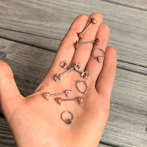 14G 5/8 Red Gem Holly Leaf Holiday Barbell Nipple Ring Set