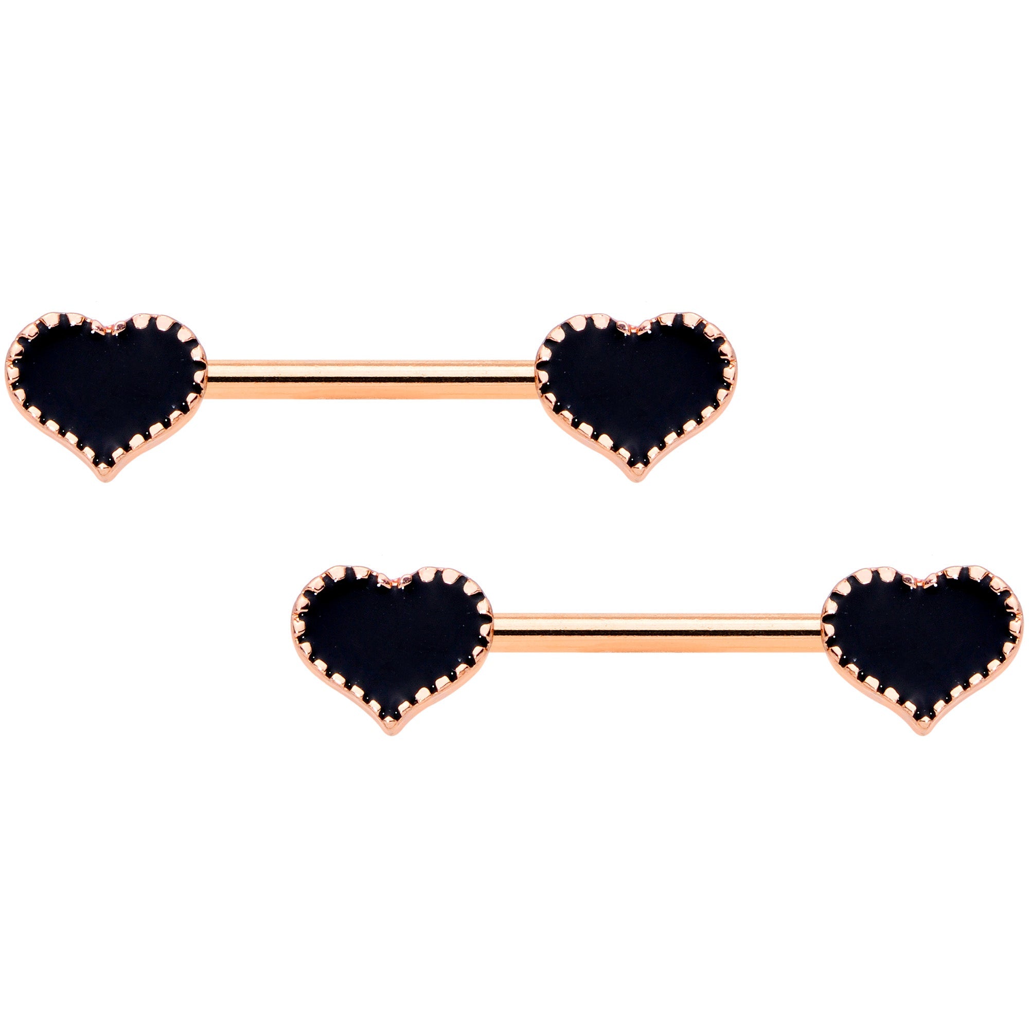 14G 9/16 Rose Gold Tone Black Heart Barbell Nipple Ring Set