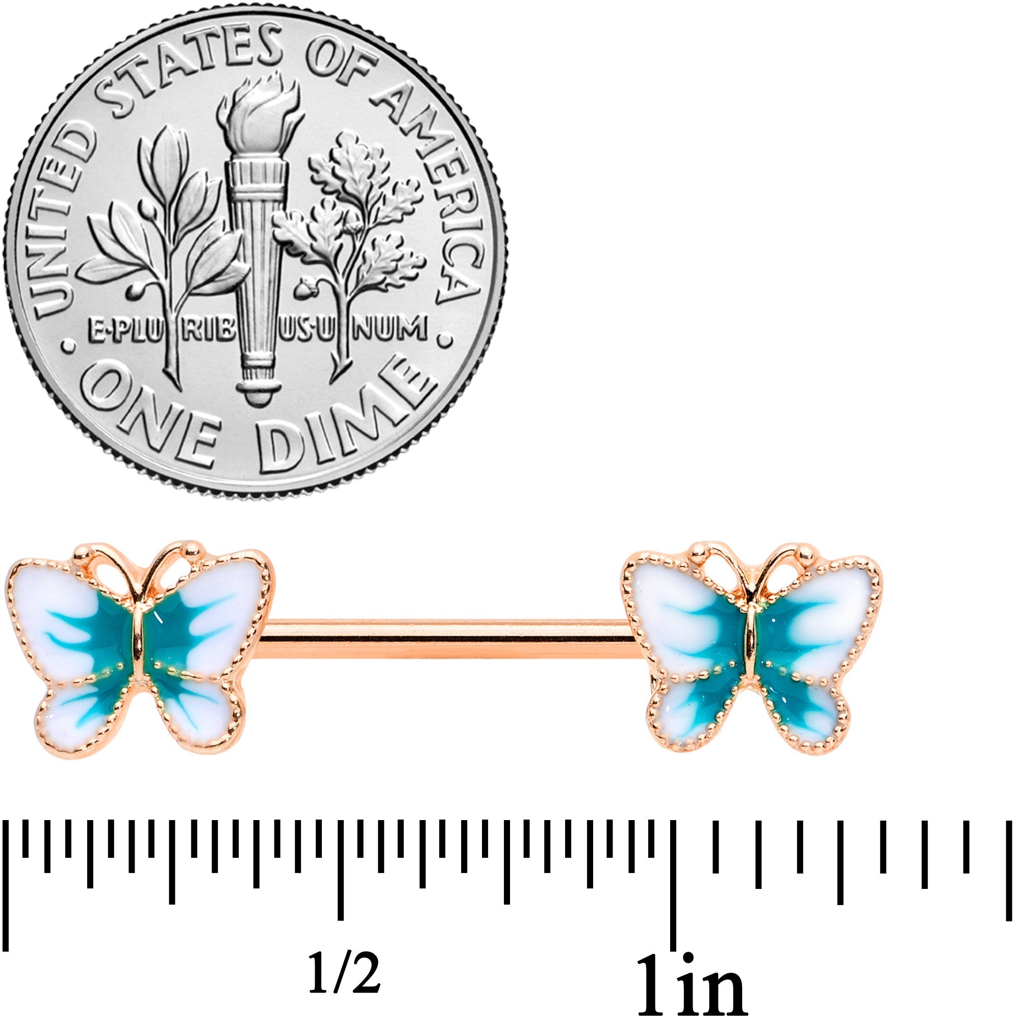 14G 9/16 Rose Gold Tone White Green Butterfly Barbell Nipple Set