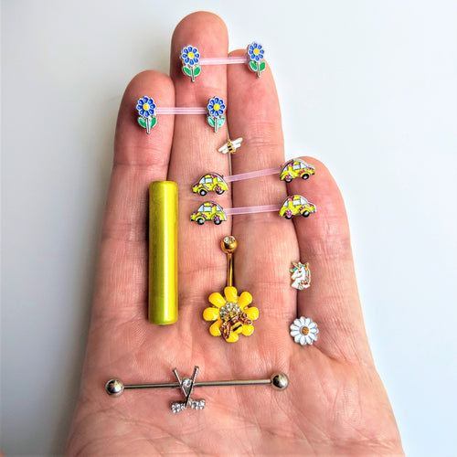 14G 9/16 Clear Bioplast Retro Hippie Car Barbell Nipple Ring Set