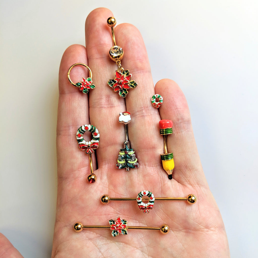 16G 3/8 Gold Tone Poinsettia Christmas Hinged Segment Ring