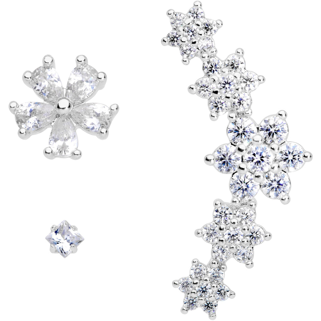 16G 1/4 Clear CZ Gem Floral Labret Tragus Set of 3