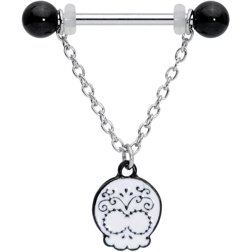14G 11/16 Black UV Ball Sugar Skull Chain Dangle Nipple Ring Set