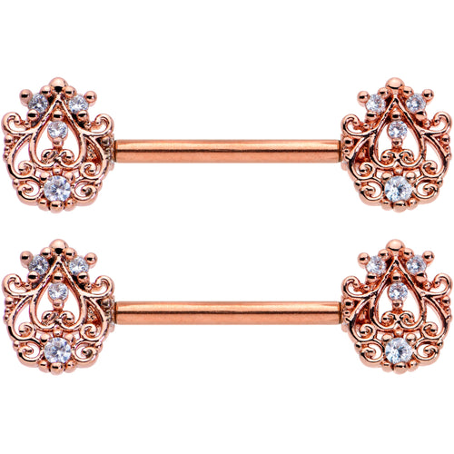 14G 9/16 Clear CZ Gem Rose Gold Tone Elegant Nipple Ring Set