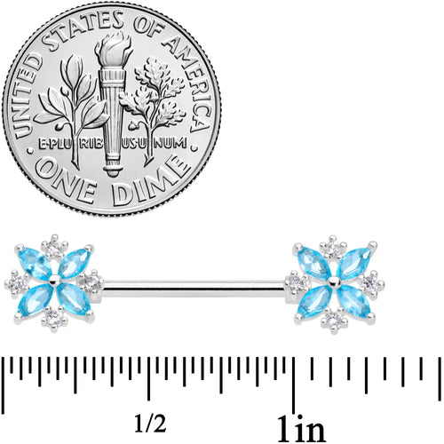 14G 5/8 Aqua CZ Gem Star Burst Barbell Nipple Ring Set