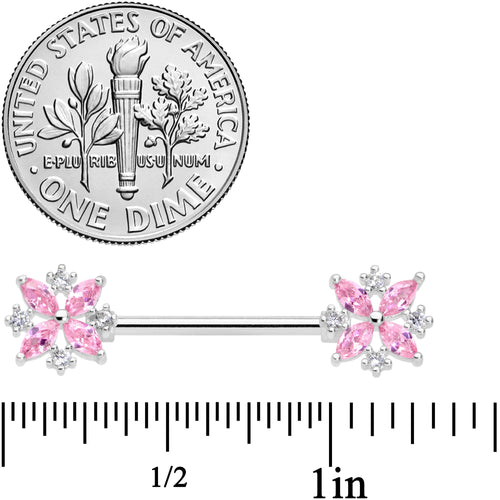 14G 5/8 Pink CZ Gem Star Burst Barbell Nipple Ring Set