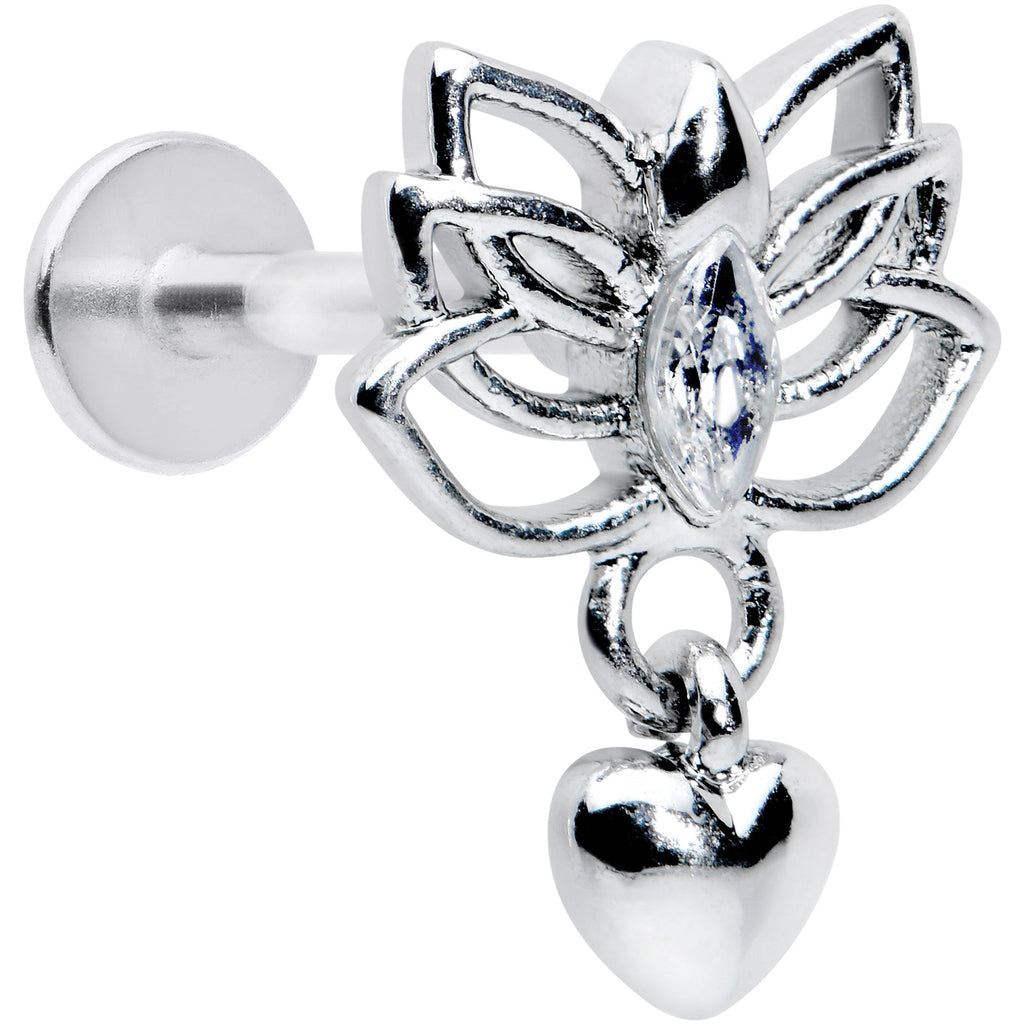 16G 5/16 Clear Gem Lotus Heart Dangle Labret Monroe Tragus