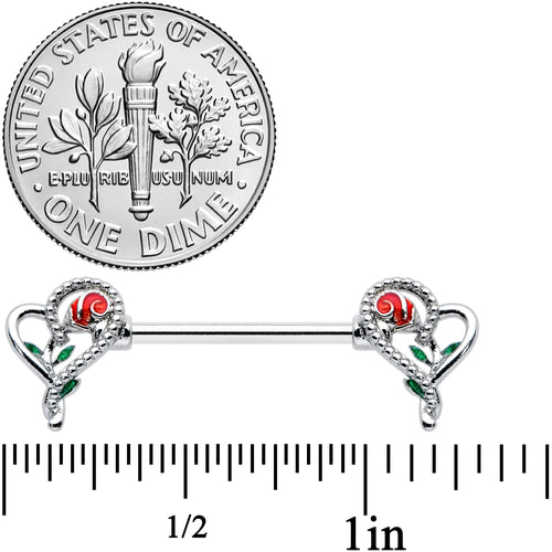 14G 5/8 Open Heart Rose Valentines Barbell Nipple Ring Set