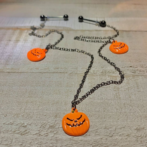 14G 9/16 Black Orange Pumpkin Halloween Dangle Nipple Chain