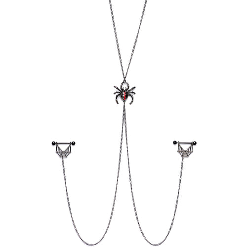14G 9/16 Red Gem Black Spider Web Halloween Nipple Chain Necklace