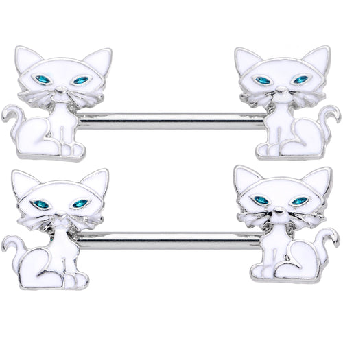 14G 9/16 Blue Eyed White Cat Barbell Nipple Ring Set