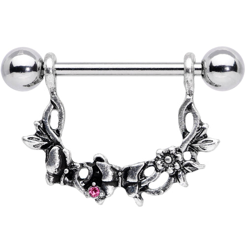 14G 9/16 Pink Gem Abstract Bow Butterfly Dangle Nipple Ring Set