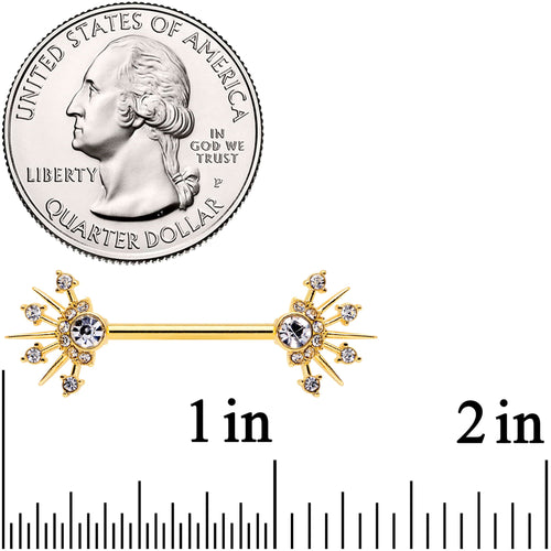 14G 5/8 Clear CZ Gem Gold Hue Elegant Crest Barbell Nipple Ring Set