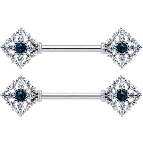 14G 9/16 Clear Blue Gem Textured Rhombus Cross Nipple Ring Set