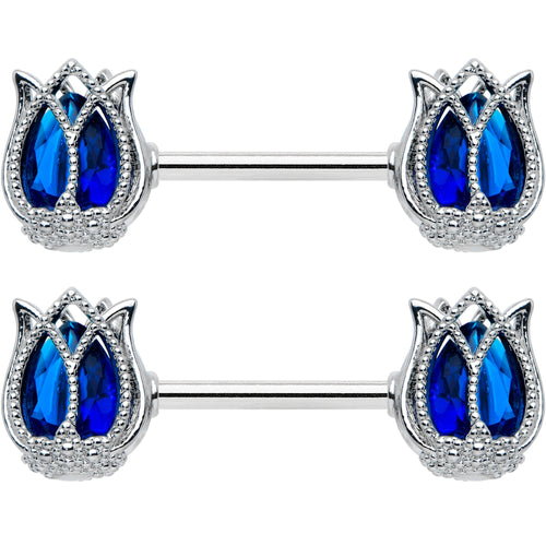 14G 9/16 Blue Gem Tulip Flower Barbell Nipple Ring Set