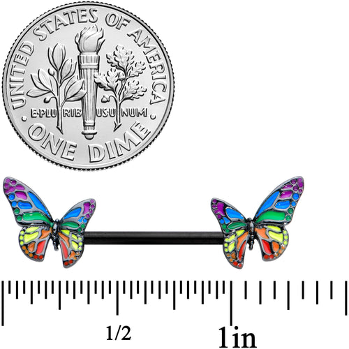 14G 9/16 Black Rainbow Pride Butterfly Barbell Nipple Ring Set