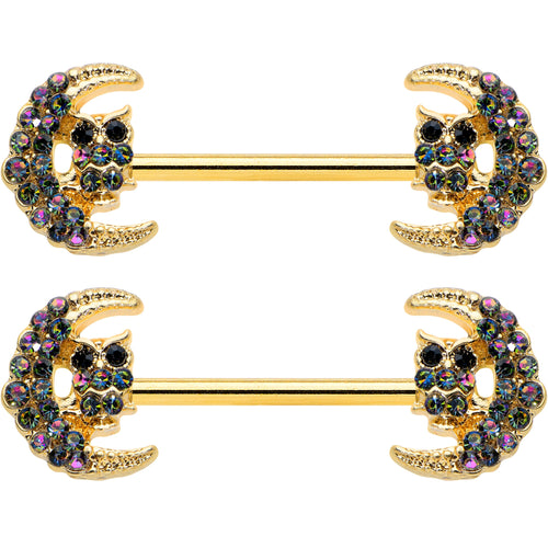 14G 5/8 Aurora Gem Gold Tone Owl Moon Barbell Nipple Ring Set