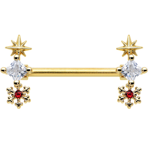 14G 9/16 Red Gold Tone Snowflake Star Christmas Nipple Ring Set