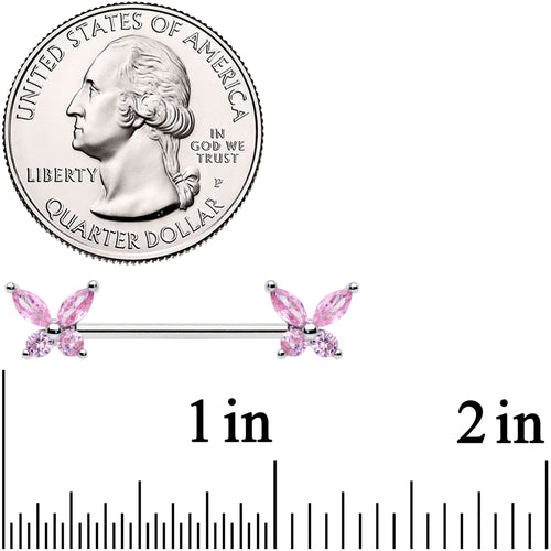 14G 3/4 Pink CZ Gem Butterflies Barbell Nipple Ring Set