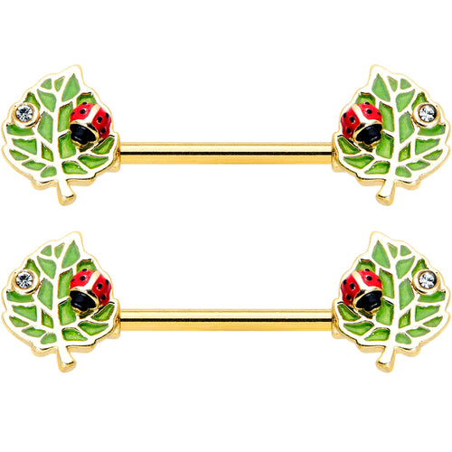 14G 9/16 Clear Gem Gold Hue Leafy Ladybug Barbell Nipple Ring Set