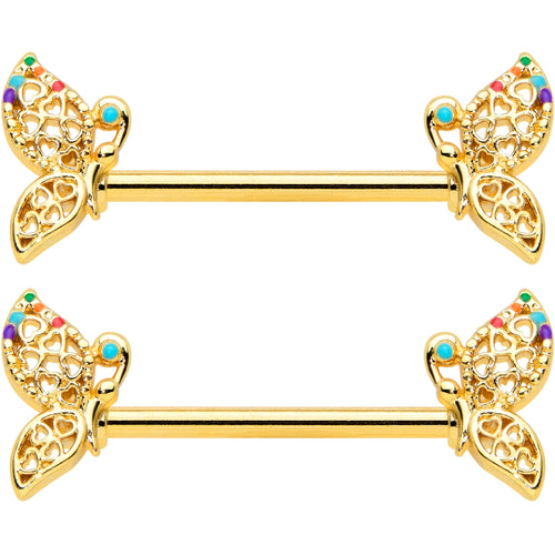 14G 9/16 Clear CZ Gem Gold Tone Heart Butterfly Nipple Ring Set