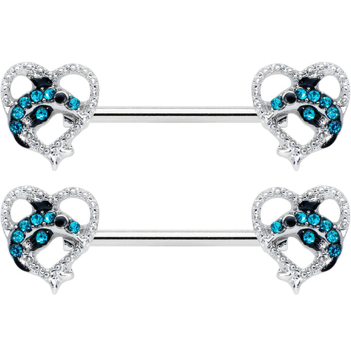 14G 9/16 Clear Blue Gem Dolphin Heart Barbell Nipple Ring Set