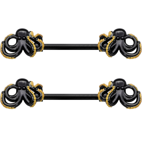 14G 9/16 Black Understated Octopus Barbell Nipple Ring Set