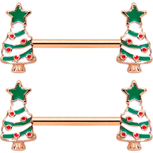 14G 9/16 Red Gem Rose Gold Tone Christmas Tree Nipple Ring Set