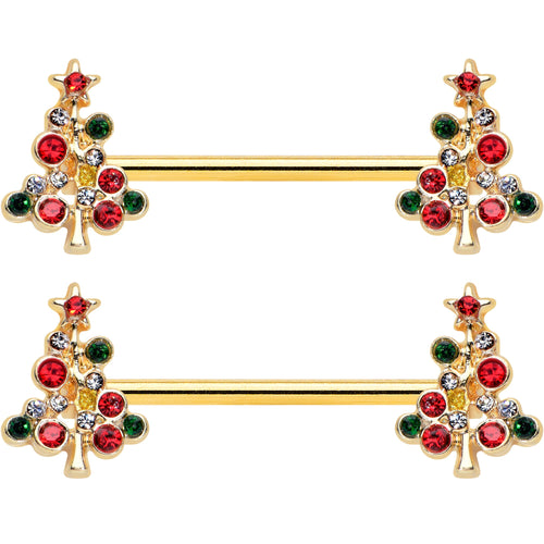 14G 9/16 Red Gem Gold Tone Christmas Tree Nipple Ring Set