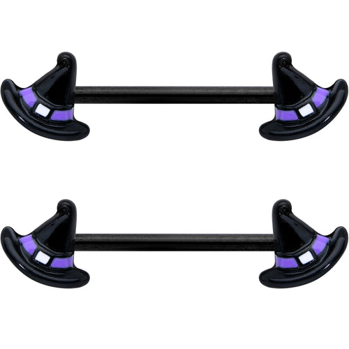 14G 5/8 Black Purple Band Witch Hat Halloween Nipple Ring Set