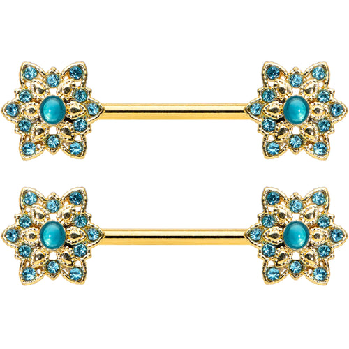 14G 9/16 Aqua Gem Gold Tone Snowflake Christmas Nipple Ring Set