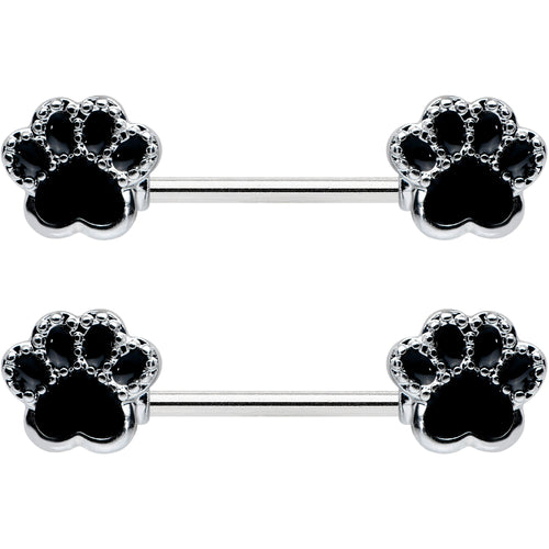 14G 9/16 Textured Black Paw Print Barbell Nipple Ring Set