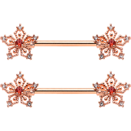 14G 9/16 Red Gem Rosy Hue Texture Snowflake Barbell Nipple Ring Set