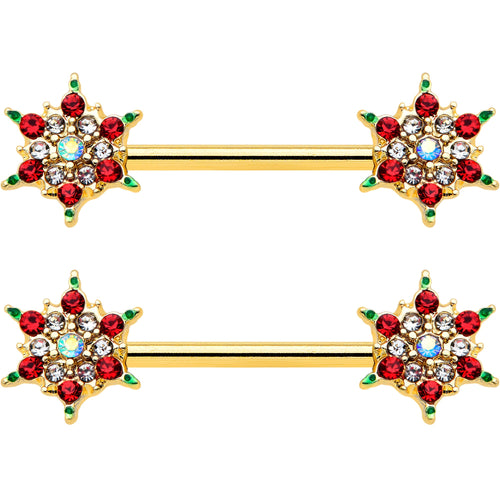 14G 9/16 Red Gem Gold Hue Bright Christmas Barbell Nipple Ring Set