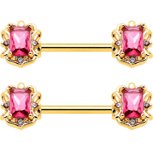 14G 9/16 Red Gem Gold Hue Regal Escutcheon Barbell Nipple Ring Set
