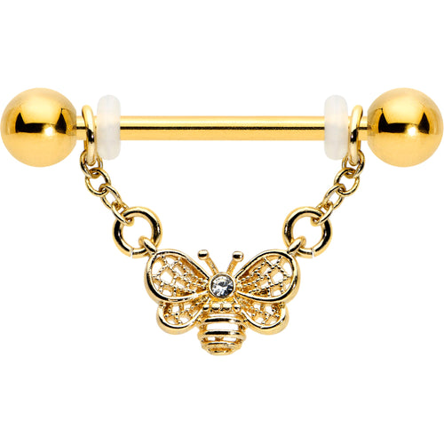 14G 5/8 Clear Gem Gold Tone Chain Dangle Barbell Nipple Ring Set