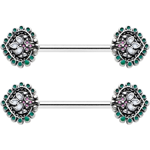 14G 9/16 Stylized Pink Green Leaf Barbell Nipple Ring Set