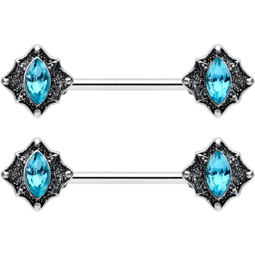 14G 9/16 Blue Gem Rhombus Retro Barbell Nipple Ring Set