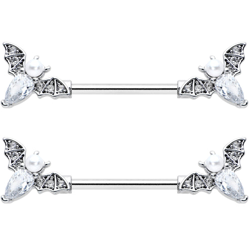 14G 9/16 Clear Gem Flying Bats Halloween Barbell Nipple Ring Set