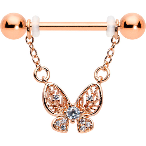 14G 5/8 Clear Gem Rosy Tone Airy Butterfly Dangle Nipple Ring Set