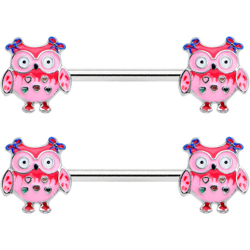 14G 9/16 Bow Pink Heart Owls Barbell Nipple Ring Set